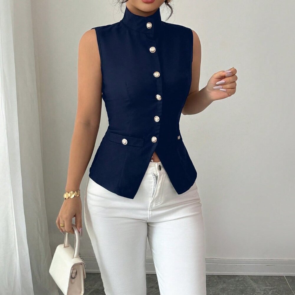 Royal Blue Elegant Women's Sleeveless High Neck Front Vest